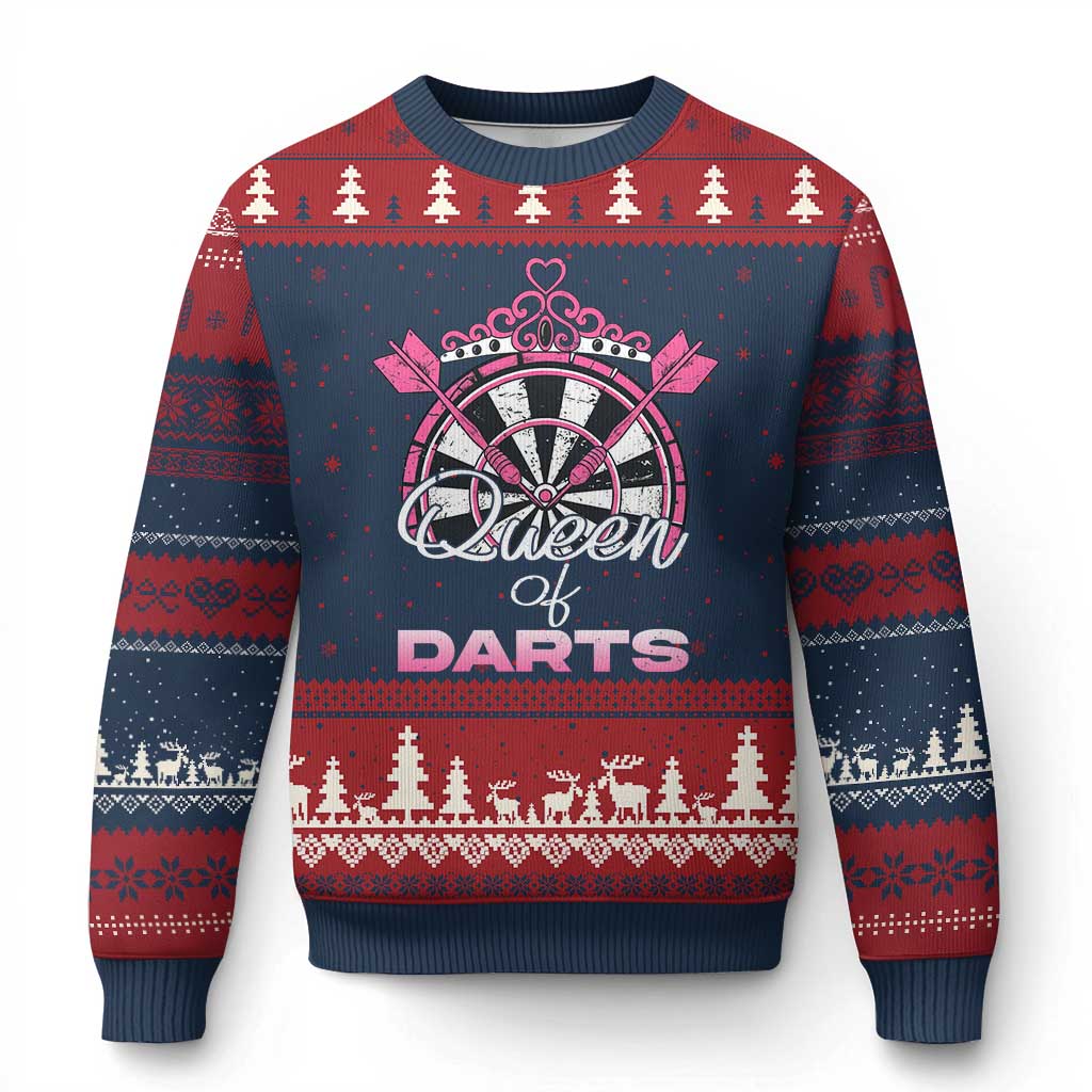 Queen Of Darts Ugly Christmas Sweater Funny Dart Gift For Women TS12 Navy Red Print Your Wear