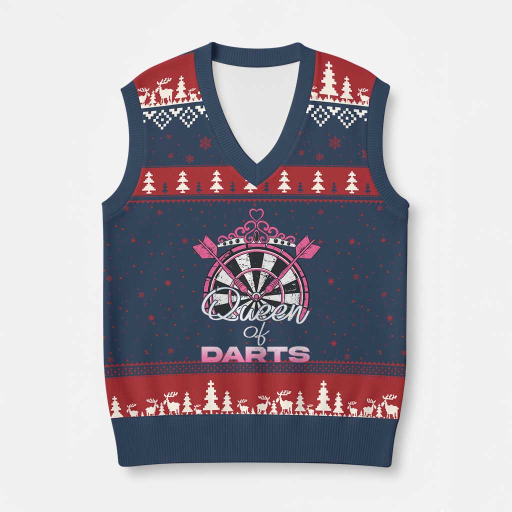 Queen Of Darts V-Neck Knit Sweater Vest Funny Dart Gift For Women TS12 Navy Red Print Your Wear