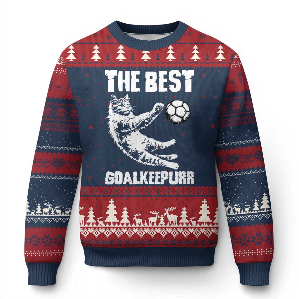 The Best Cat Goalkeeper Ugly Christmas Sweater Soccer Player Gift TS12 Navy Red Print Your Wear