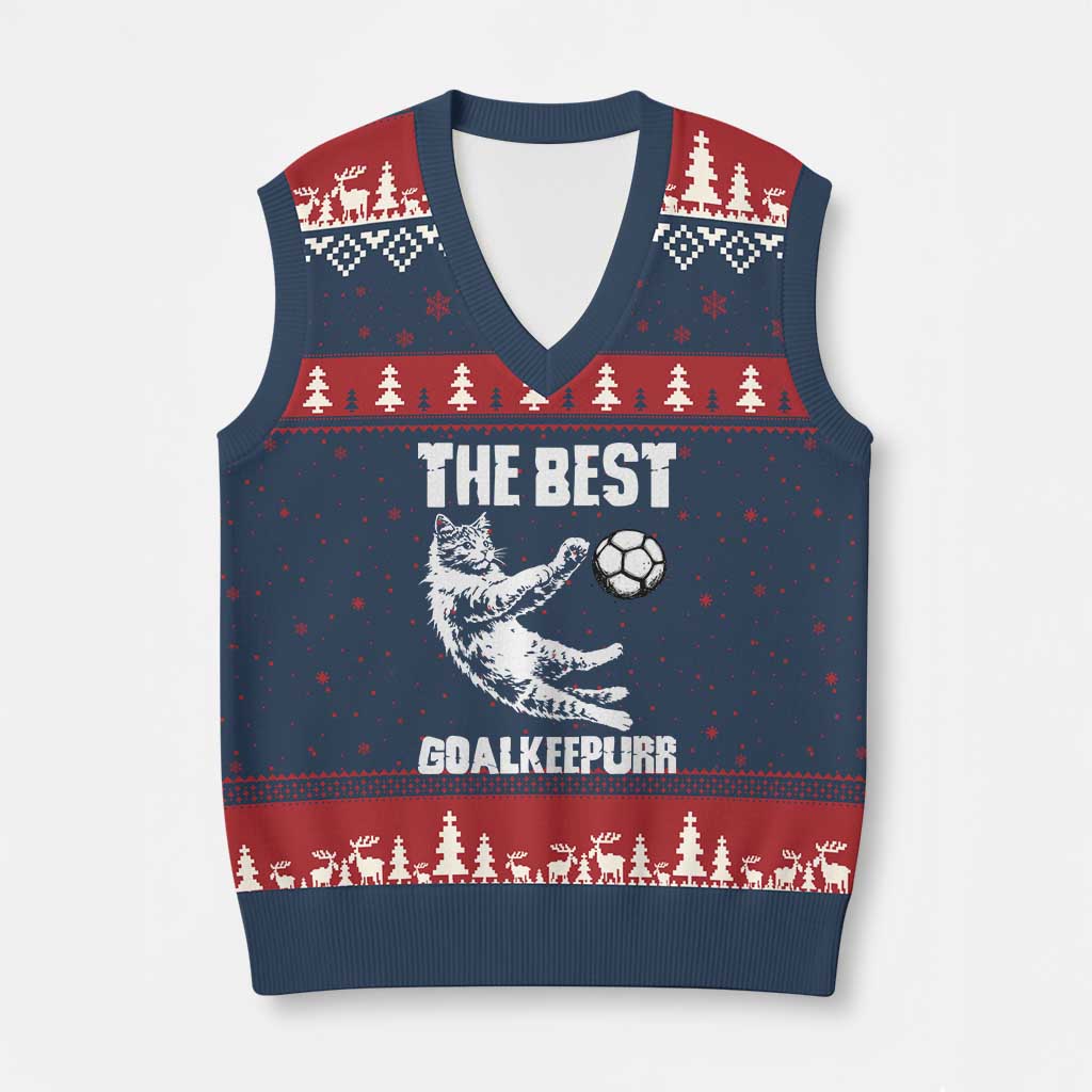 The Best Cat Goalkeeper V-Neck Knit Sweater Vest Soccer Player Gift TS12 Navy Red Print Your Wear
