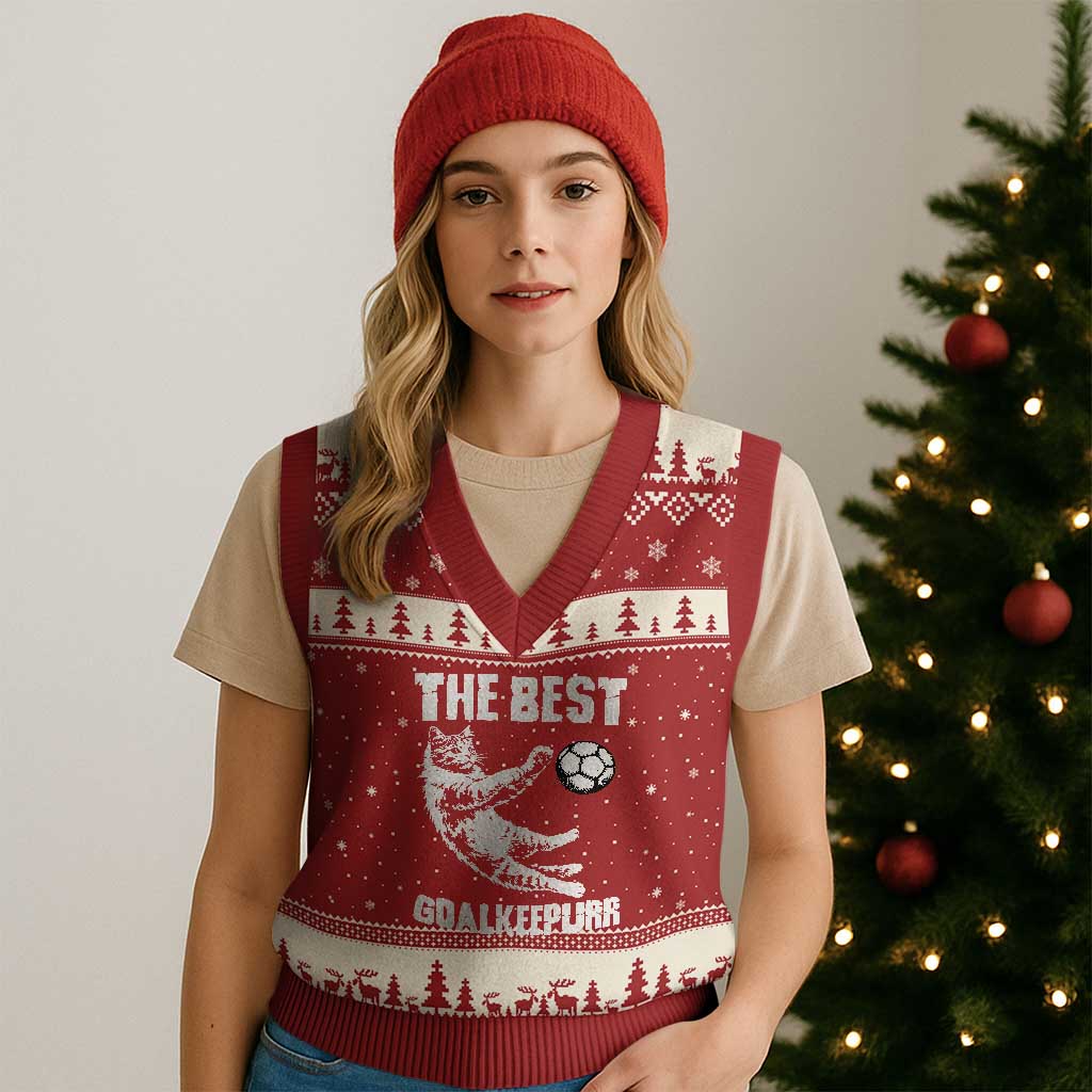The Best Cat Goalkeeper V-Neck Knit Sweater Vest Soccer Player Gift TS12 Red Beige Print Your Wear