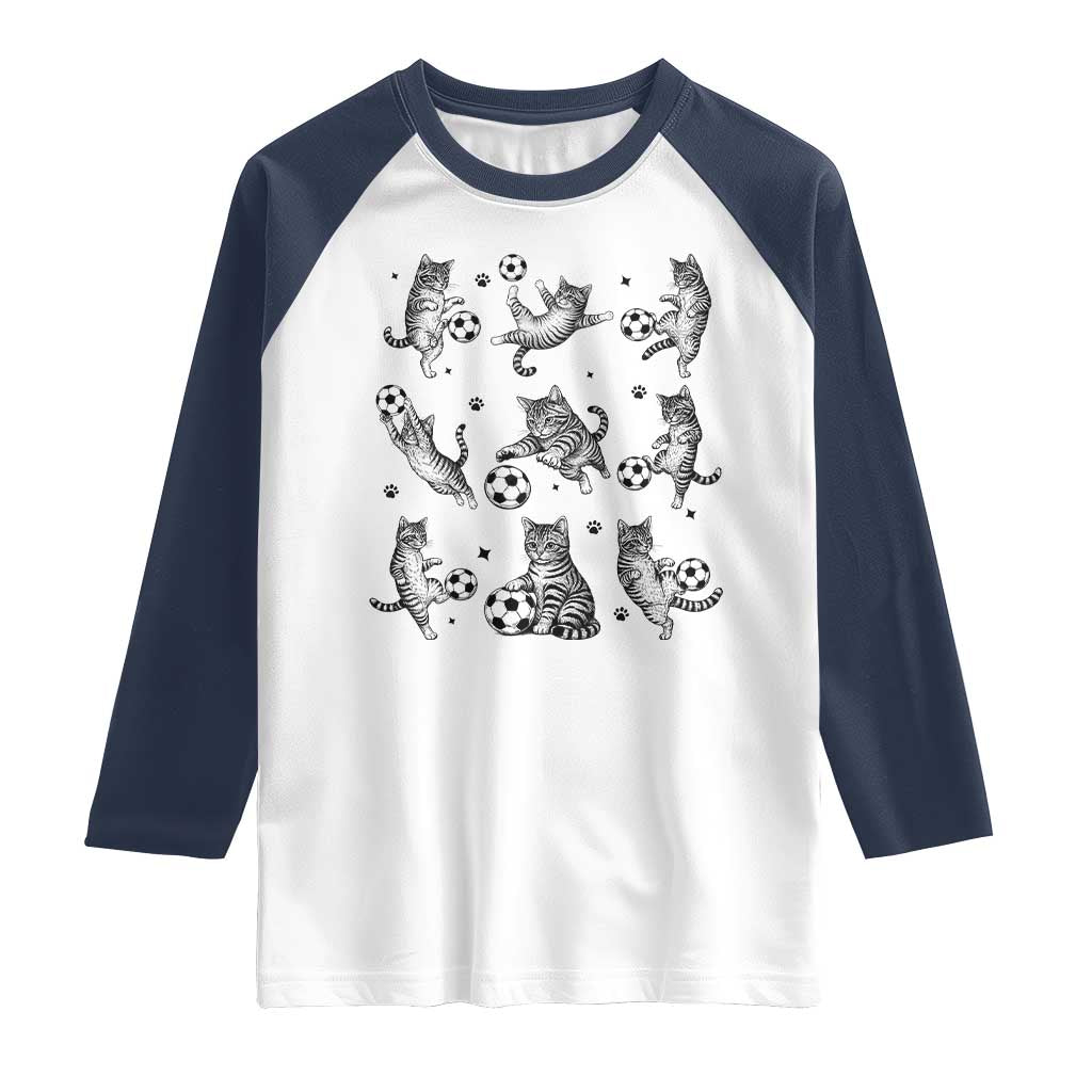 Funny Cat Soccer Player Raglan Shirt Gift For Soccer Lovers TS12 White Navy Print Your Wear