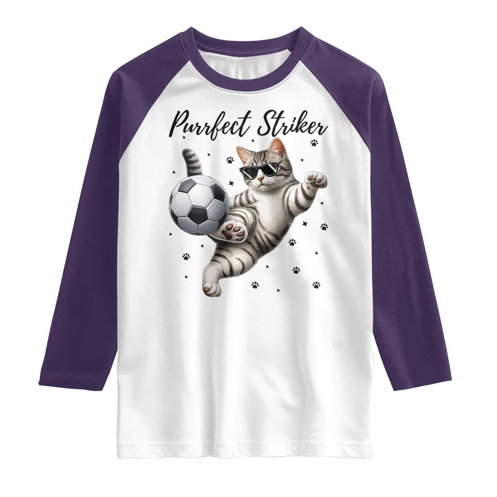 Purrfect Striker Raglan Shirt Funny Cat Soccer Player Gift TS12 White Purple Print Your Wear