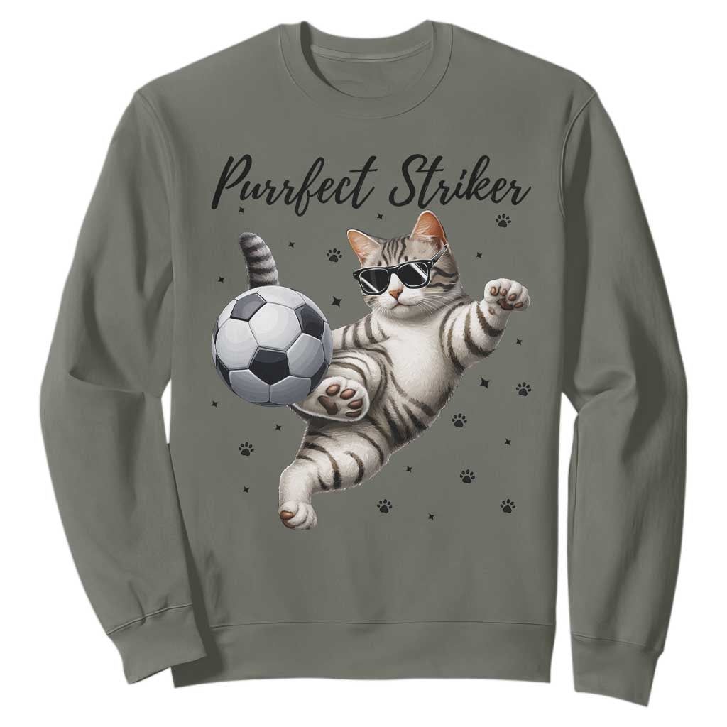 Purrfect Striker Sweatshirt Funny Cat Soccer Player Gift TS12 Military Green Print Your Wear