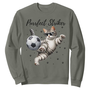 Purrfect Striker Sweatshirt Funny Cat Soccer Player Gift TS12 Military Green Print Your Wear
