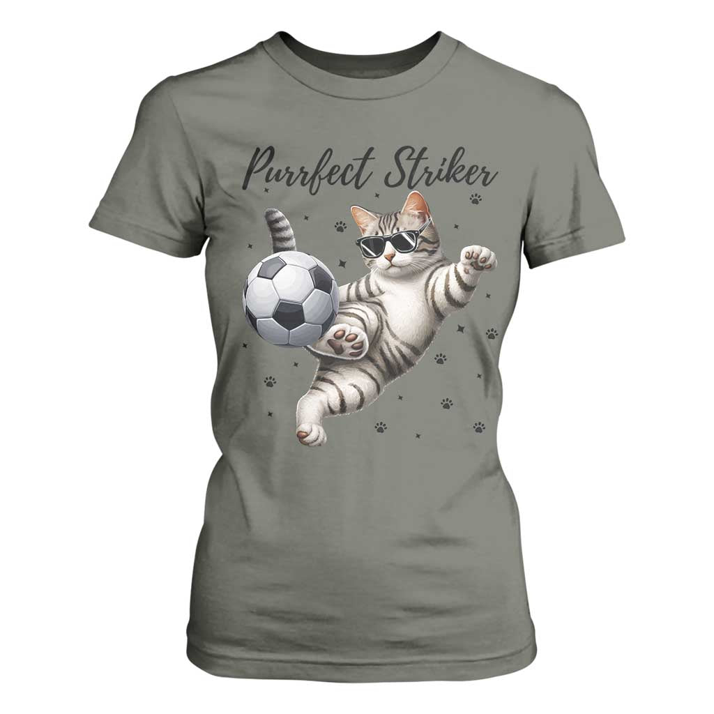 Purrfect Striker T Shirt For Women Funny Cat Soccer Player Gift TS12 Military Green Print Your Wear
