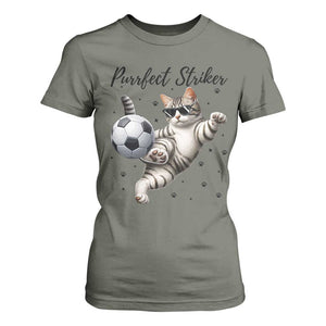 Purrfect Striker T Shirt For Women Funny Cat Soccer Player Gift TS12 Military Green Print Your Wear