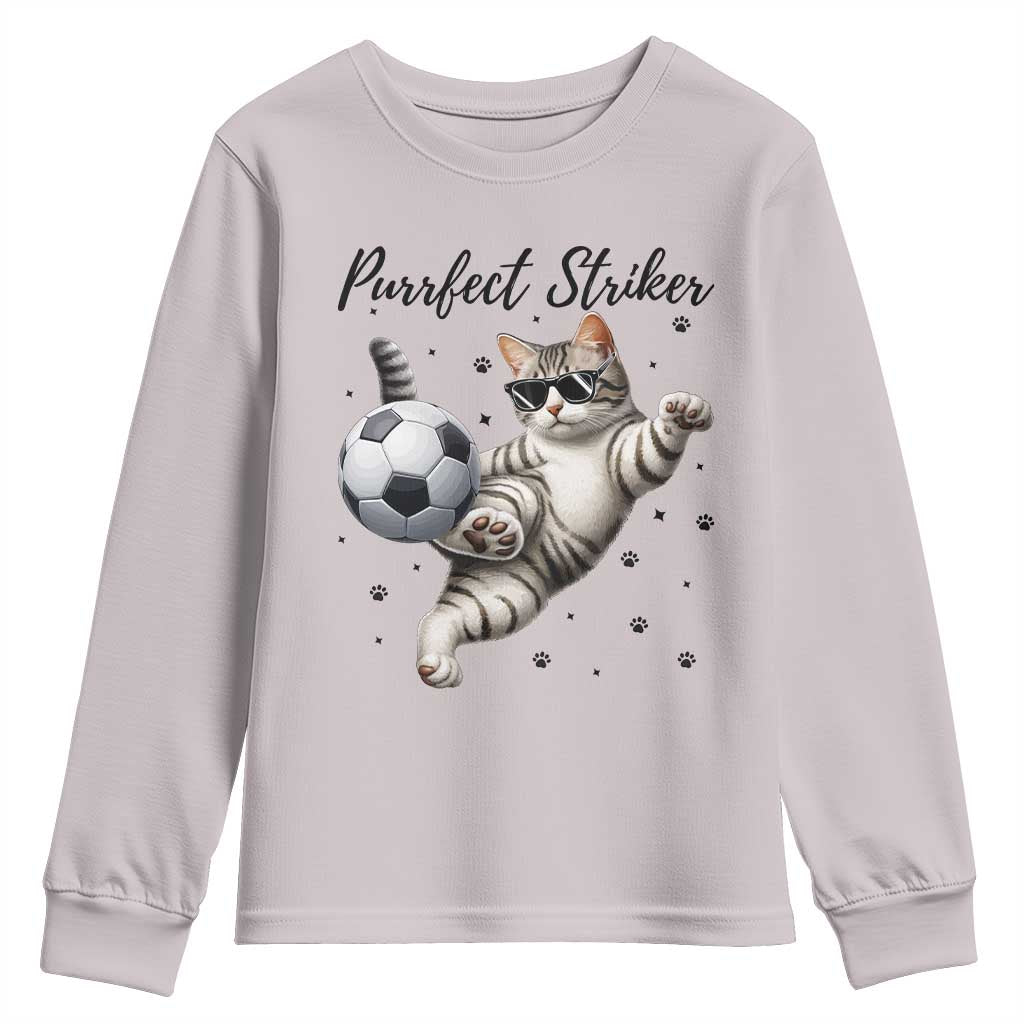 Purrfect Striker Youth Sweatshirt Funny Cat Soccer Player Gift TS12 Ice Gray Print Your Wear