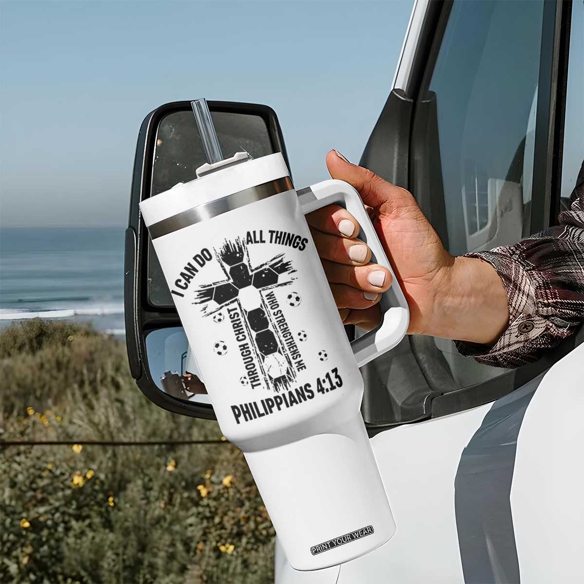 I Can Do All Things Through Christ Tumbler With Handle Christian Soccer Faith TS12 Print Your Wear