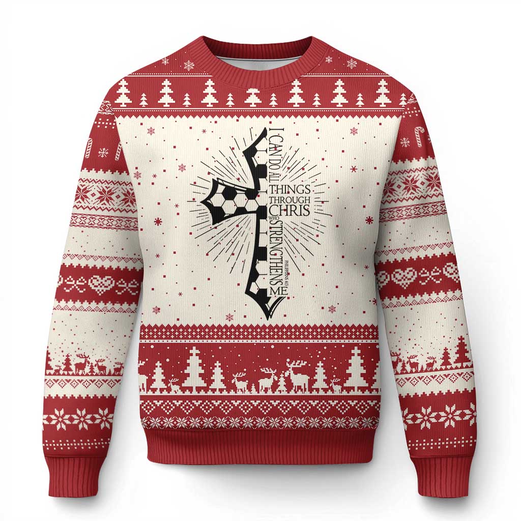 I Can Do All Things Through Christ Ugly Christmas Sweater Christian Soccer Cross Gift TS12 Beige Red Print Your Wear