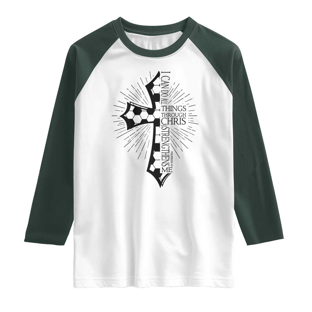 I Can Do All Things Through Christ Raglan Shirt Christian Soccer Cross Gift TS12 White Dark Forest Green Print Your Wear