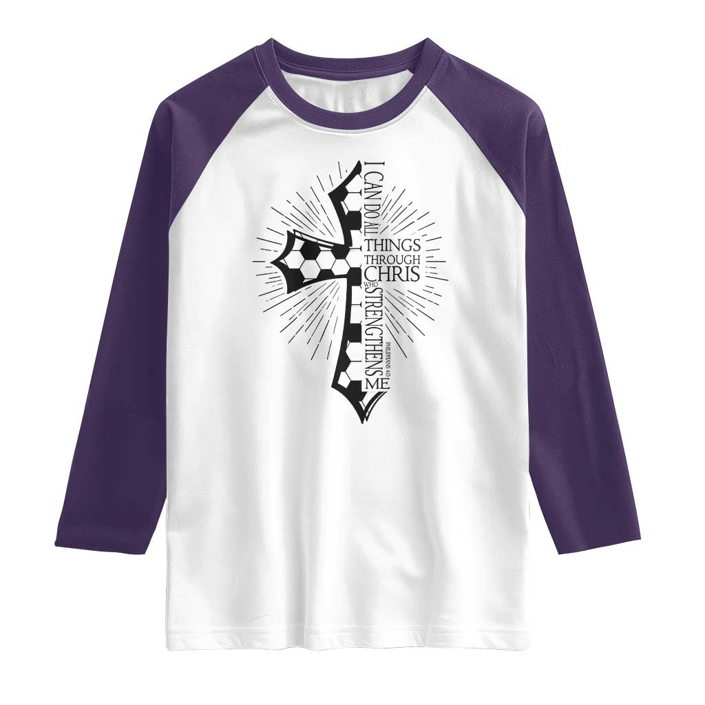 I Can Do All Things Through Christ Raglan Shirt Christian Soccer Cross Gift TS12 White Purple Print Your Wear