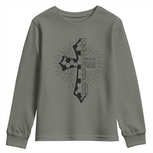 I Can Do All Things Through Christ Youth Sweatshirt Christian Soccer Cross Gift TS12 Military Green Print Your Wear
