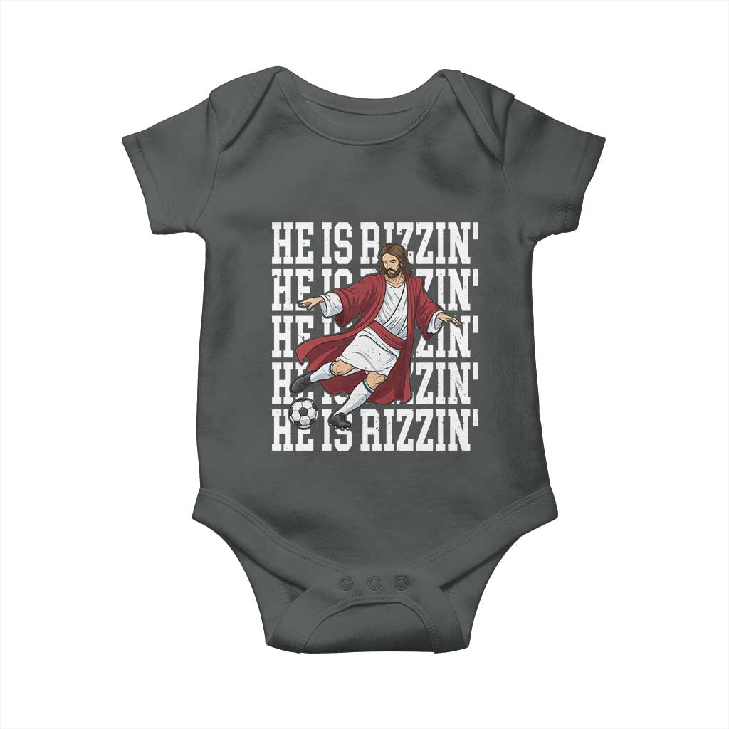He Is Rizzin Baby Onesie Funny Christian Soccer Lover Gift TS12 Dark Heather Print Your Wear
