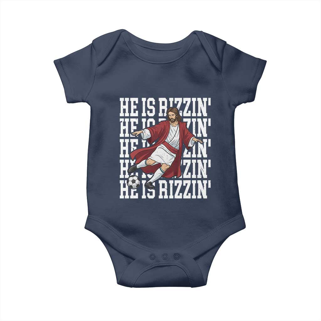 He Is Rizzin Baby Onesie Funny Christian Soccer Lover Gift TS12 Navy Print Your Wear