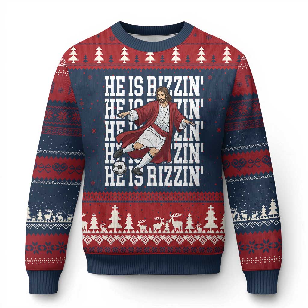 He Is Rizzin Ugly Christmas Sweater Funny Christian Soccer Lover Gift TS12 Navy Red Print Your Wear