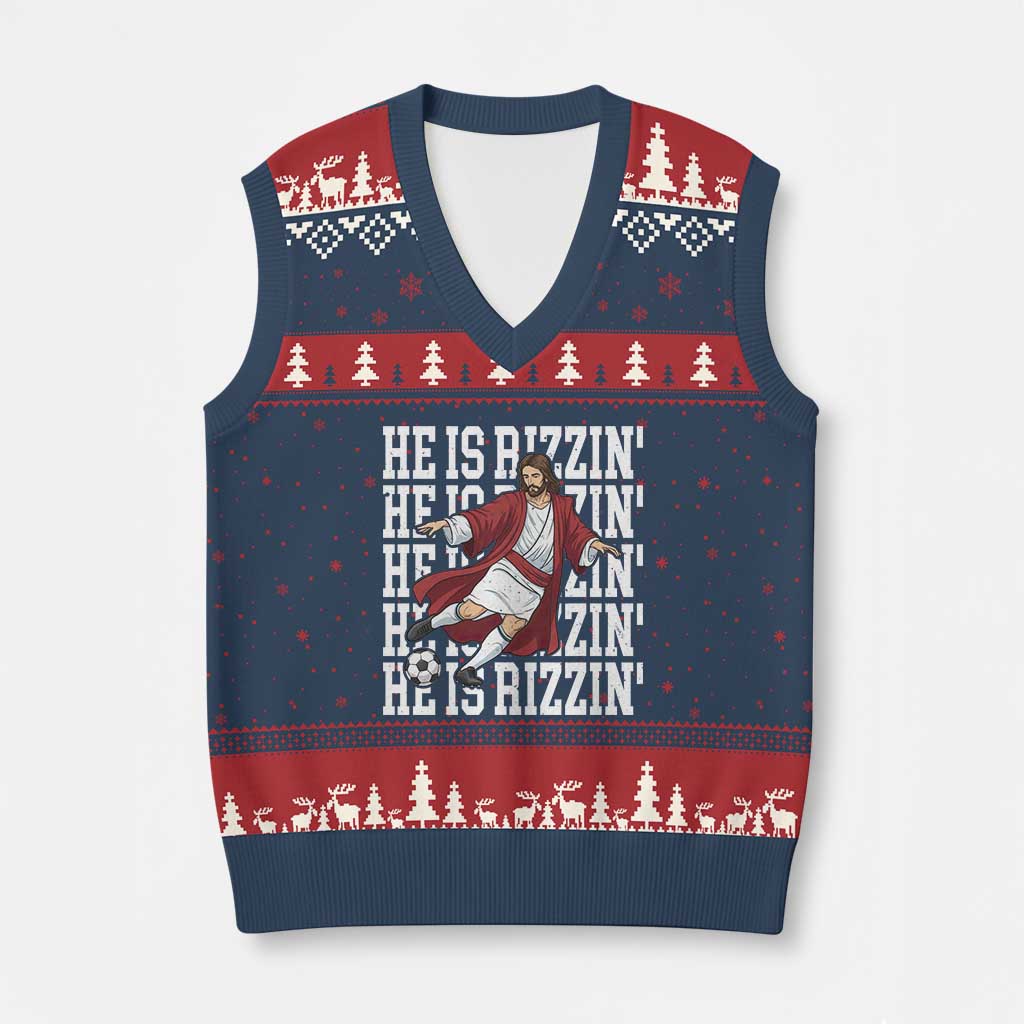 He Is Rizzin V-Neck Knit Sweater Vest Funny Christian Soccer Lover Gift TS12 Navy Red Print Your Wear