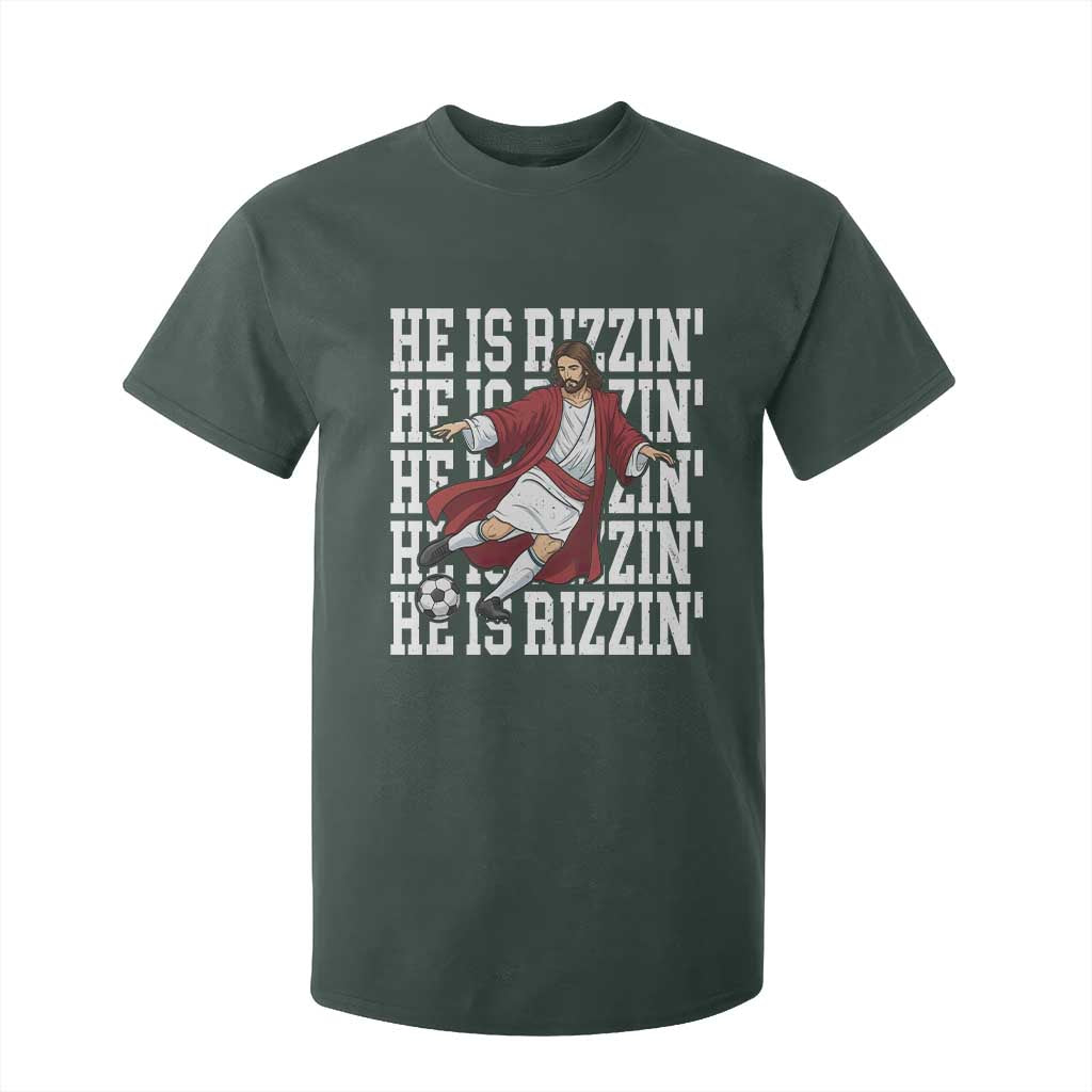 He Is Rizzin T Shirt For Kid Funny Christian Soccer Lover Gift TS12 Dark Forest Green Print Your Wear