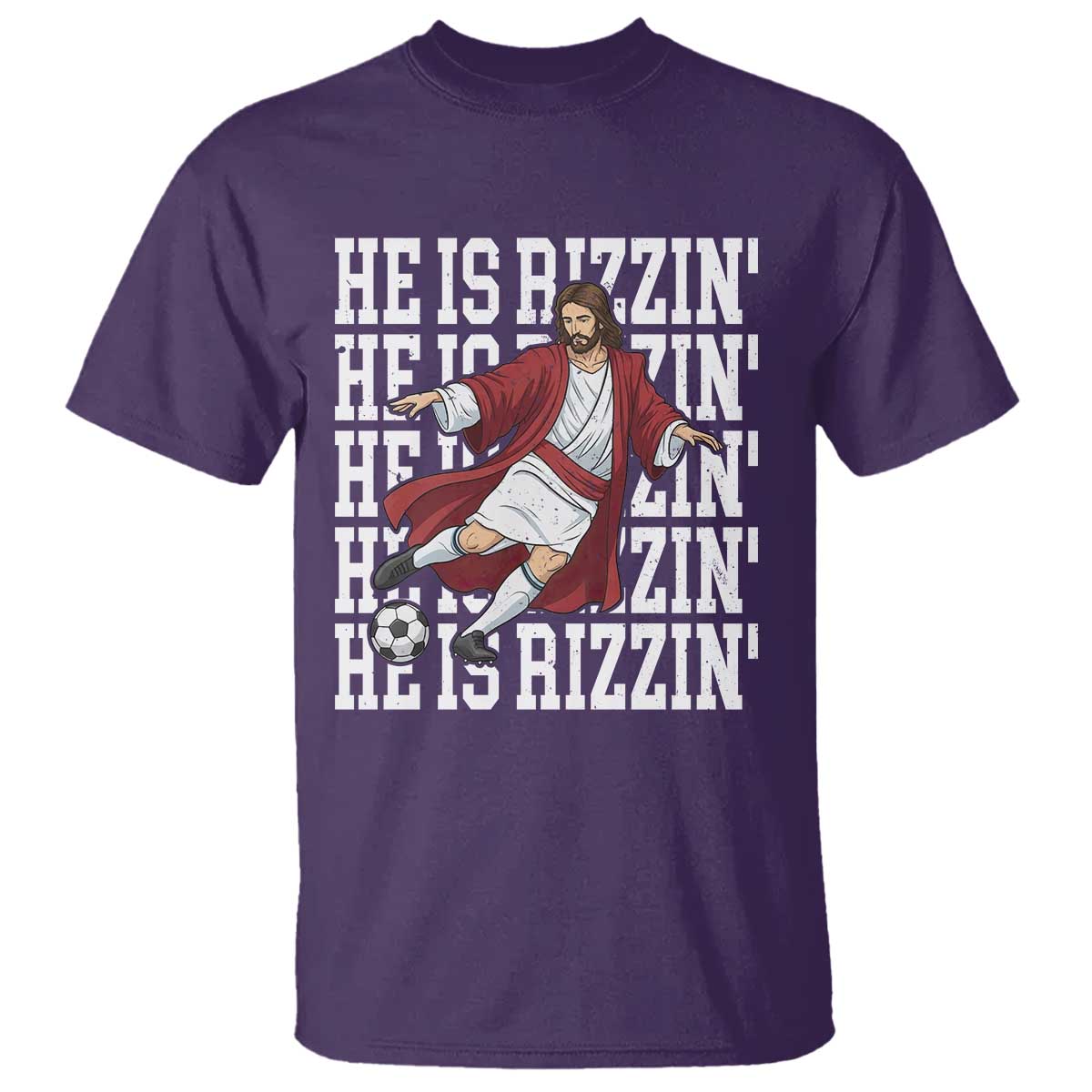 He Is Rizzin T Shirt Funny Christian Soccer Lover Gift TS12 Purple Print Your Wear