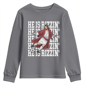 He Is Rizzin Youth Sweatshirt Funny Christian Soccer Lover Gift TS12 Charcoal Print Your Wear