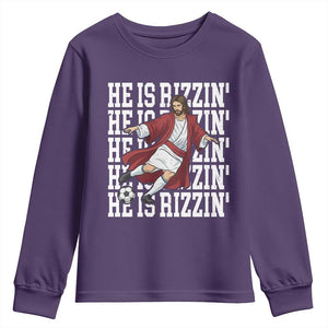 He Is Rizzin Youth Sweatshirt Funny Christian Soccer Lover Gift TS12 Purple Print Your Wear