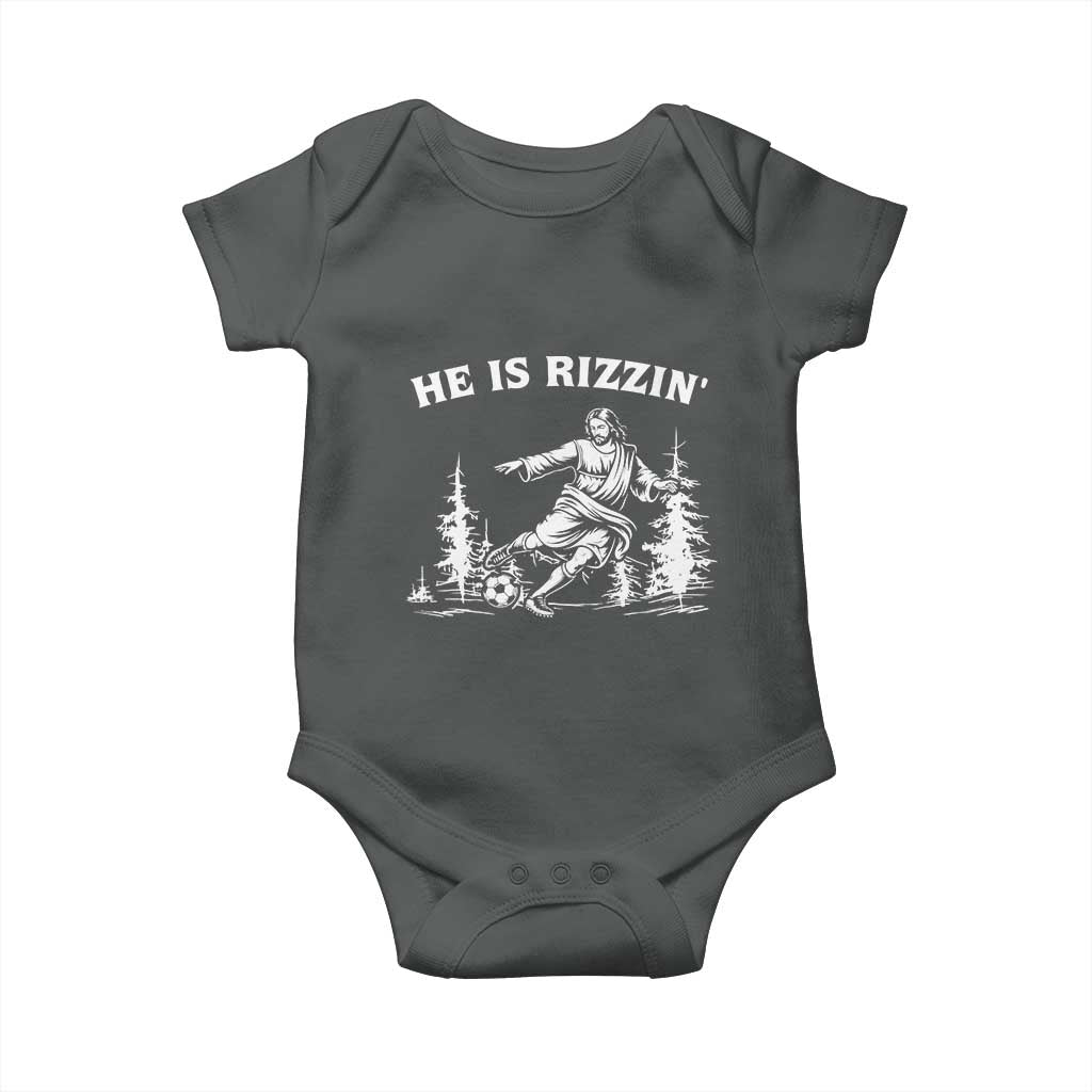 He Is Rizzin Baby Onesie Christian Soccer Funny Gift For Believers TS12 Dark Heather Print Your Wear