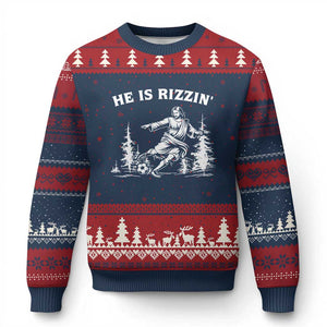 He Is Rizzin Ugly Christmas Sweater Christian Soccer Funny Gift For Believers TS12 Navy Red Print Your Wear