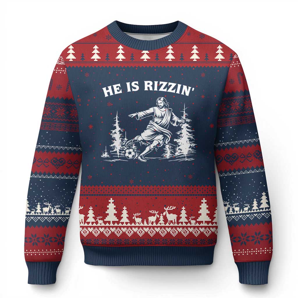 He Is Rizzin Ugly Christmas Sweater Christian Soccer Funny Gift For Believers TS12 Navy Red Print Your Wear