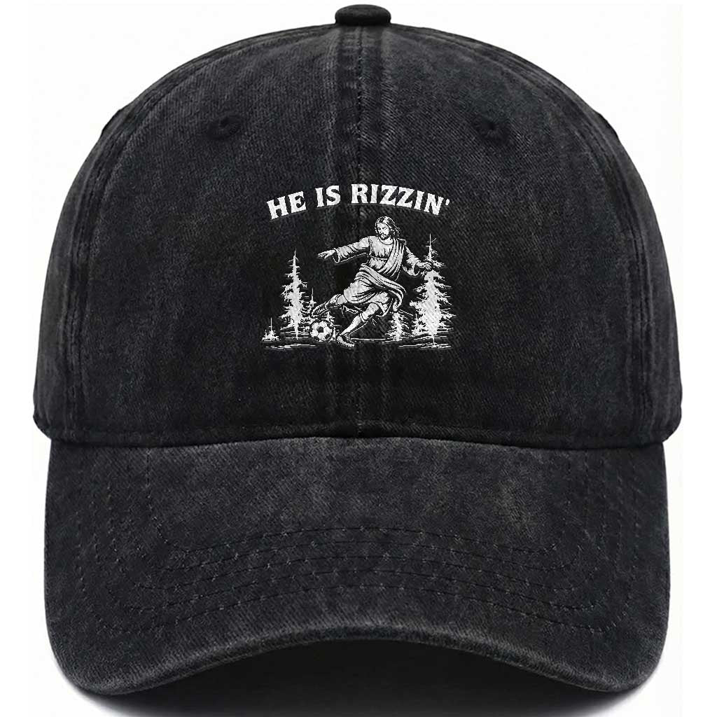 He Is Rizzin Washed Cotton Baseball Cap Christian Soccer Funny Gift For Believers TS12 Print Your Wear