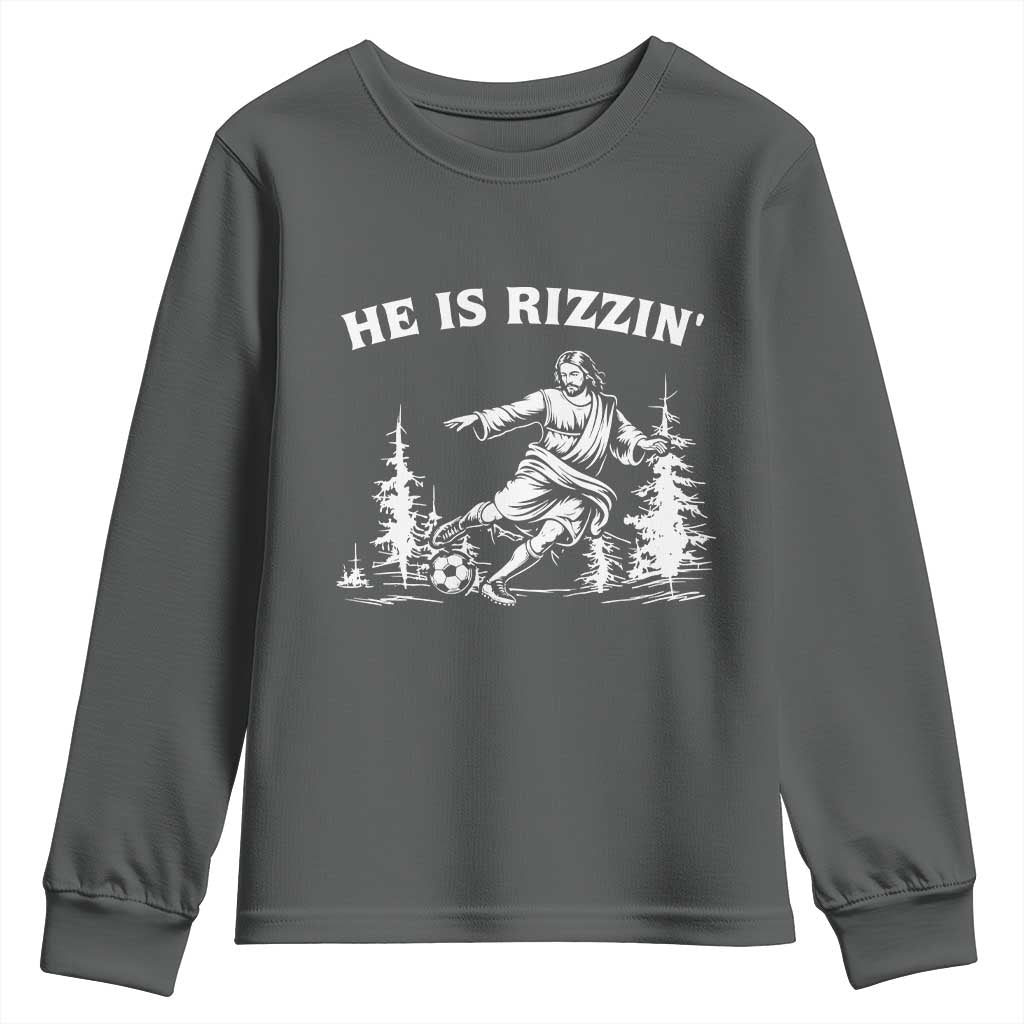 He Is Rizzin Youth Sweatshirt Christian Soccer Funny Gift For Believers TS12 Dark Heather Print Your Wear