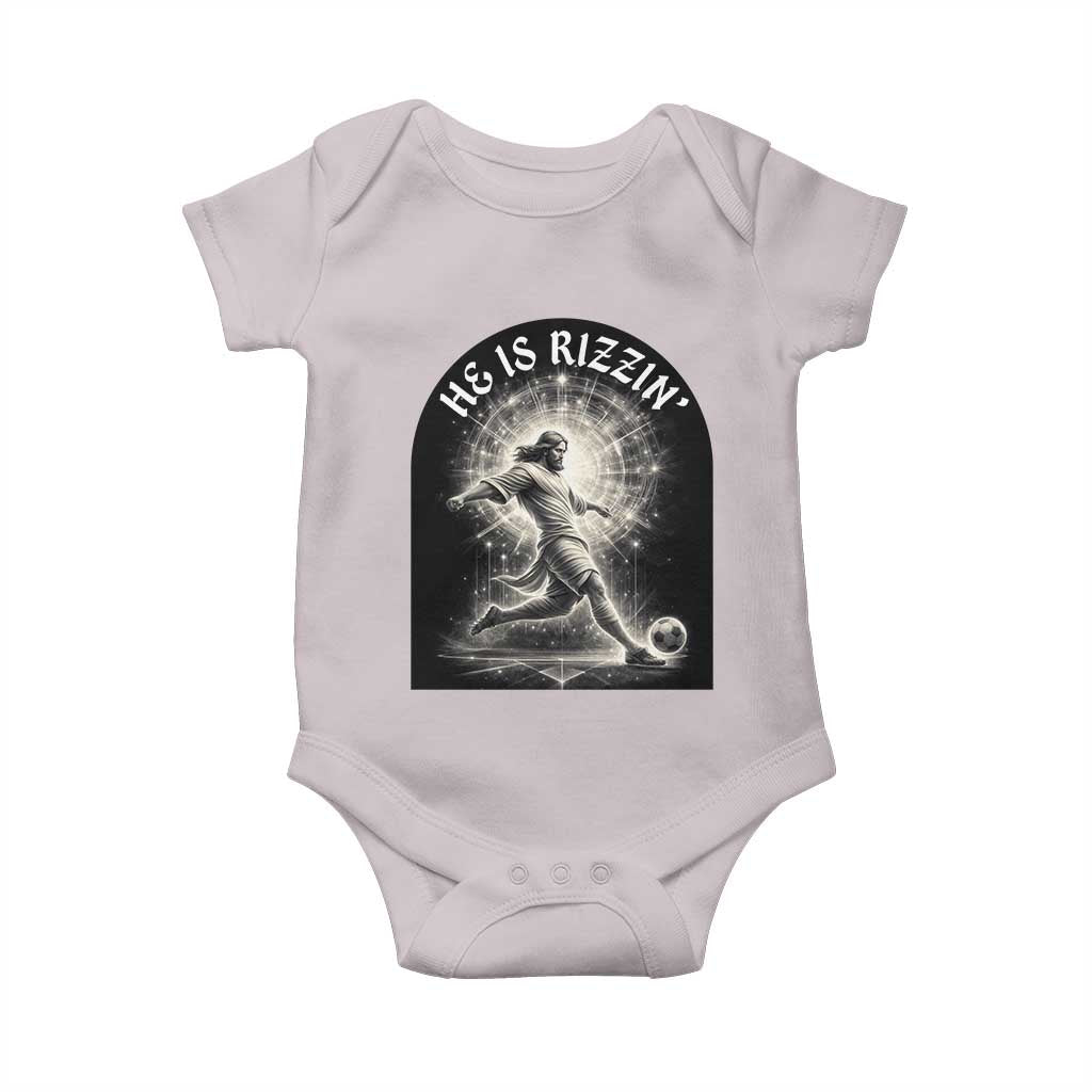 He Is Rizzin Baby Onesie Funny Christian Faith Soccer Player Gift TS12 Ice Gray Print Your Wear
