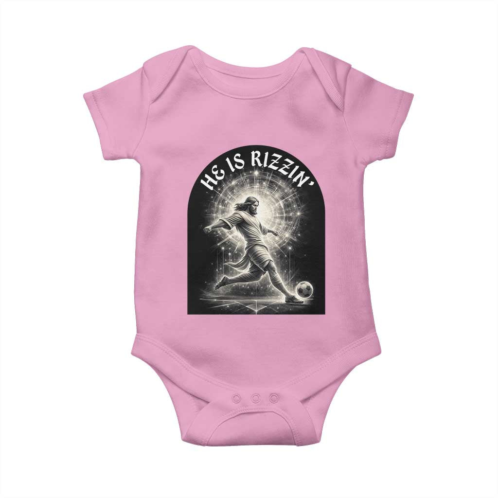 He Is Rizzin Baby Onesie Funny Christian Faith Soccer Player Gift TS12 Light Pink Print Your Wear