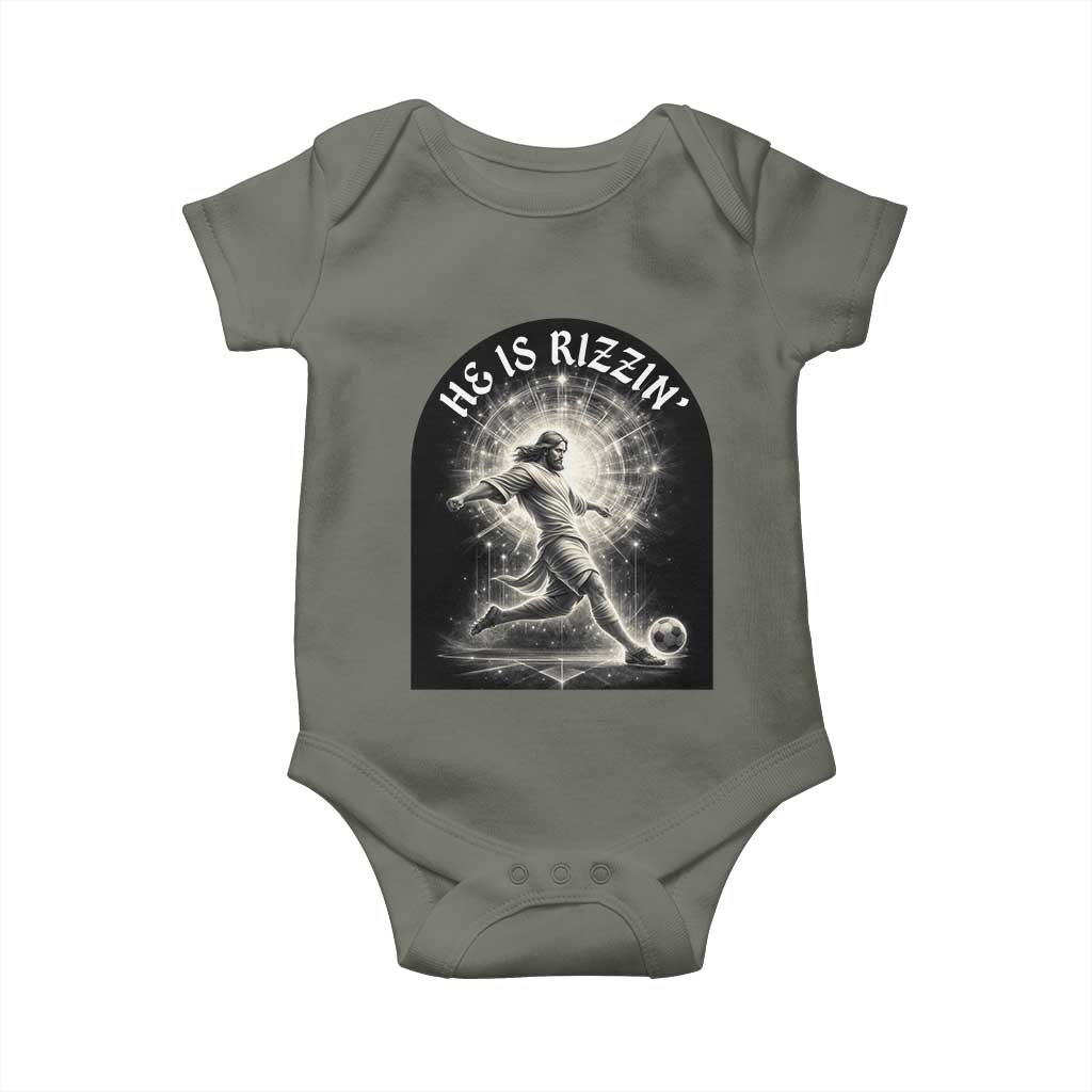 He Is Rizzin Baby Onesie Funny Christian Faith Soccer Player Gift TS12 Military Green Print Your Wear