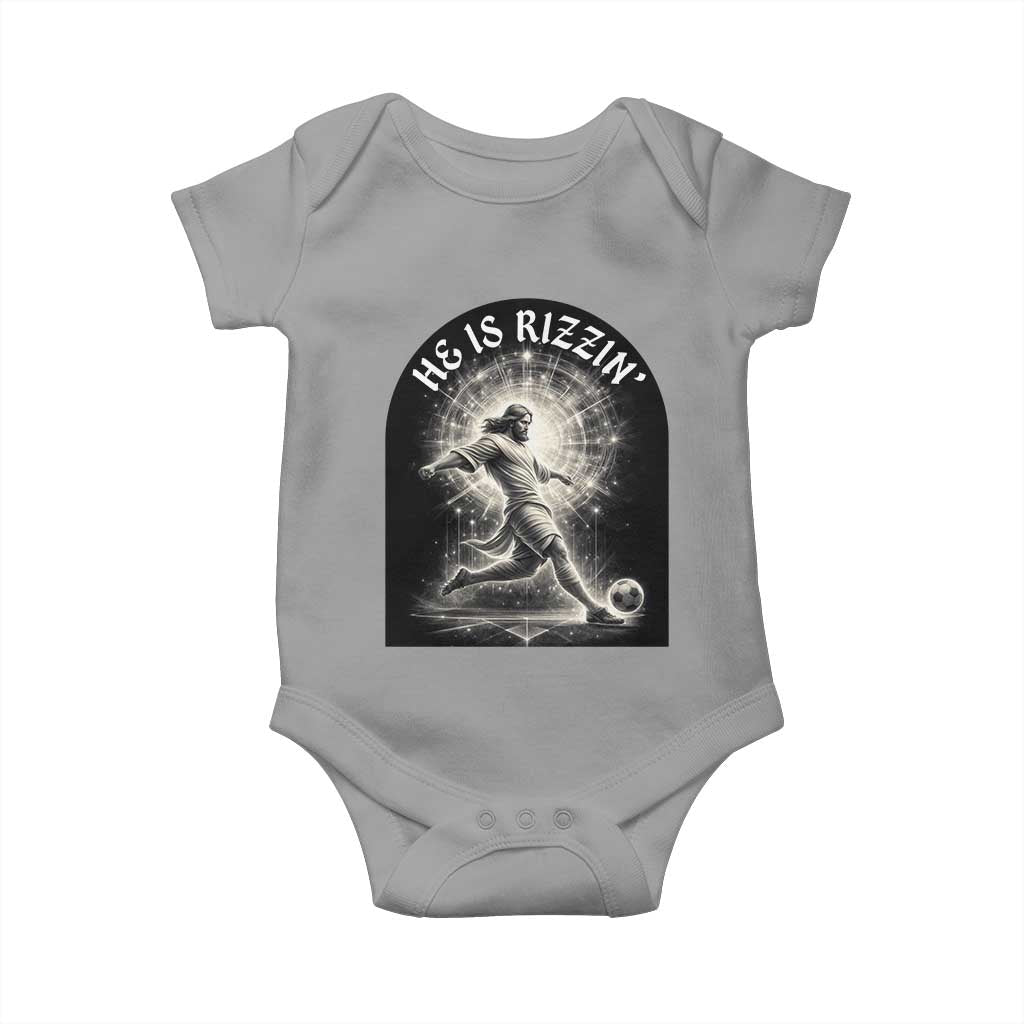He Is Rizzin Baby Onesie Funny Christian Faith Soccer Player Gift TS12 Sport Gray Print Your Wear