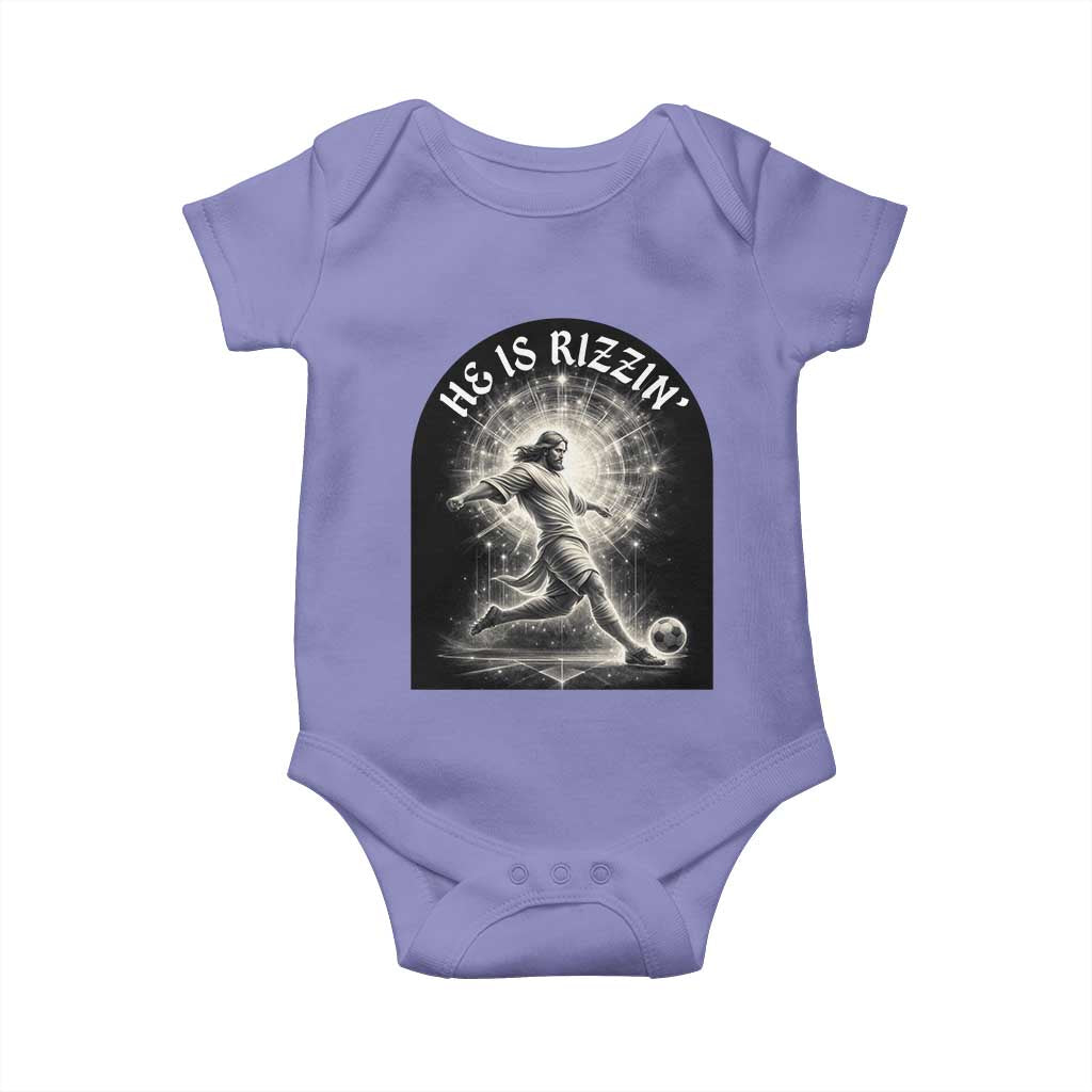 He Is Rizzin Baby Onesie Funny Christian Faith Soccer Player Gift TS12 Violet Print Your Wear