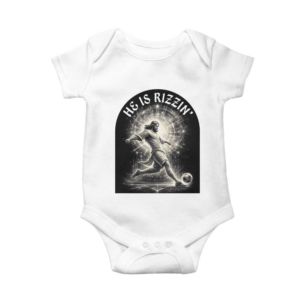 He Is Rizzin Baby Onesie Funny Christian Faith Soccer Player Gift TS12 White Print Your Wear