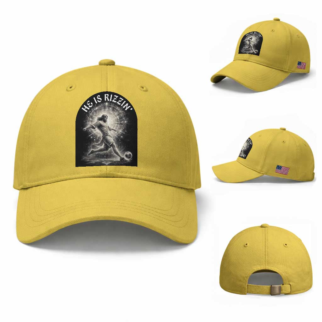 He Is Rizzin Baseball Cap Funny Christian Faith Soccer Player Gift TS12 Baseball Cap Universal Fit Yellow Print Your Wear