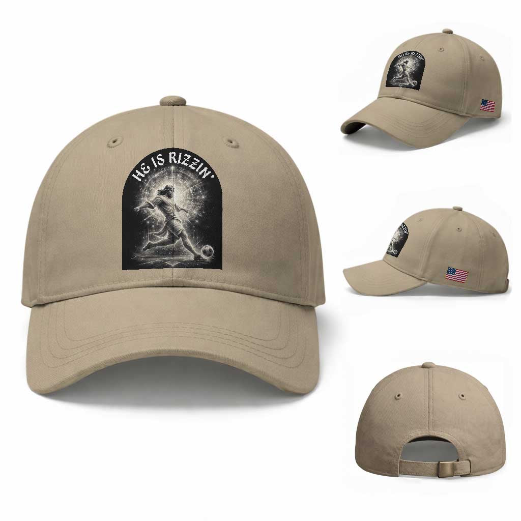 He Is Rizzin Baseball Cap Funny Christian Faith Soccer Player Gift TS12 Baseball Cap Universal Fit Khaki Print Your Wear