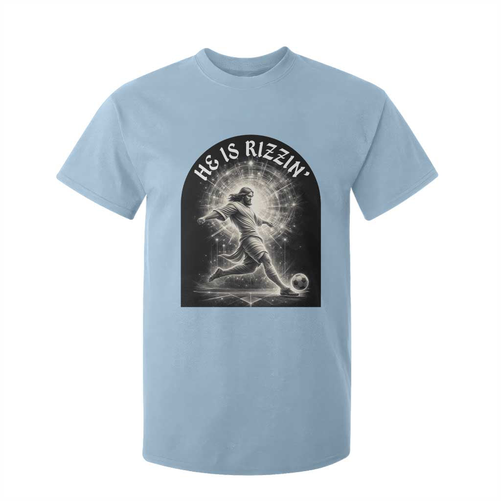 He Is Rizzin T Shirt For Kid Funny Christian Faith Soccer Player Gift TS12 Light Blue Print Your Wear