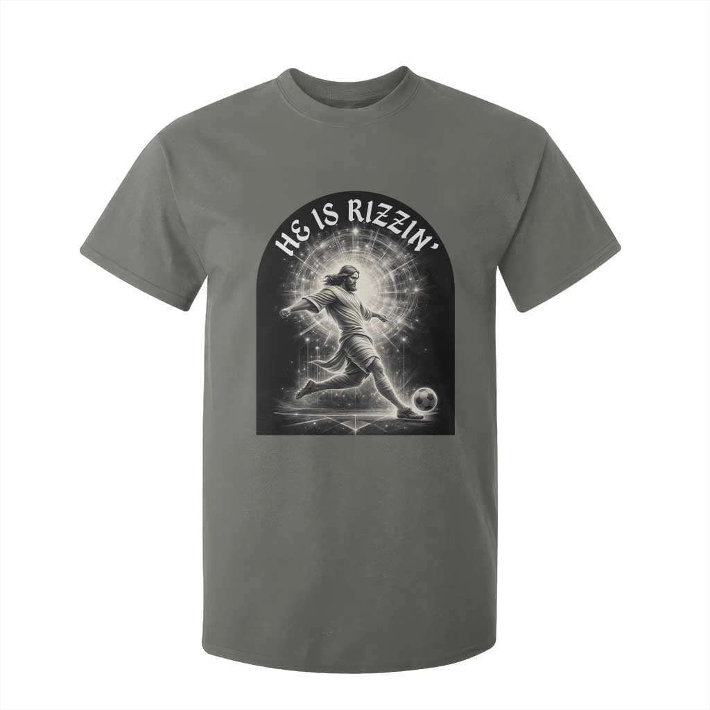 He Is Rizzin T Shirt For Kid Funny Christian Faith Soccer Player Gift TS12 Military Green Print Your Wear