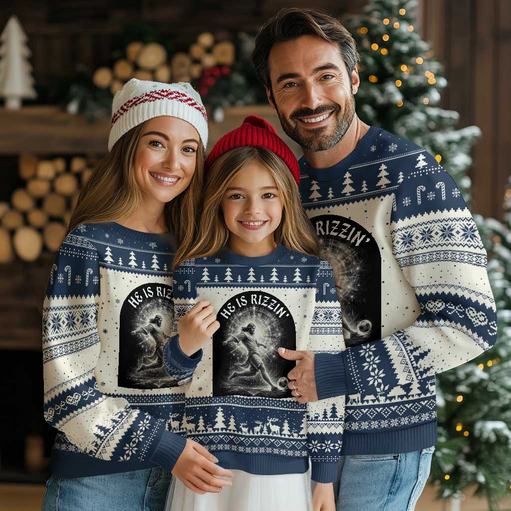He Is Rizzin Ugly Christmas Sweater Funny Christian Faith Soccer Player Gift TS12 Beige Navy Print Your Wear