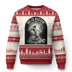 He Is Rizzin Ugly Christmas Sweater Funny Christian Faith Soccer Player Gift TS12 Beige Red Print Your Wear