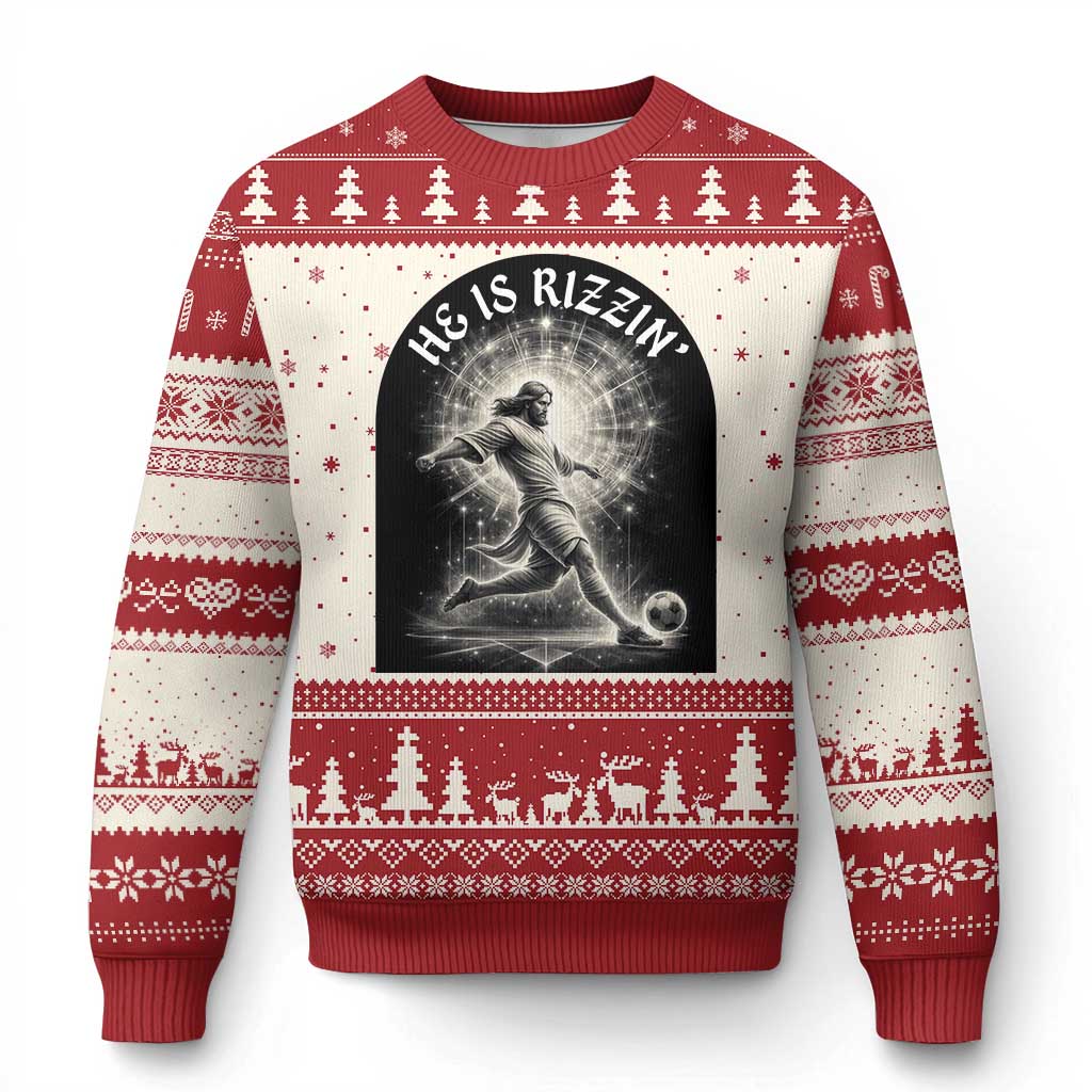 He Is Rizzin Ugly Christmas Sweater Funny Christian Faith Soccer Player Gift TS12 Beige Red Print Your Wear