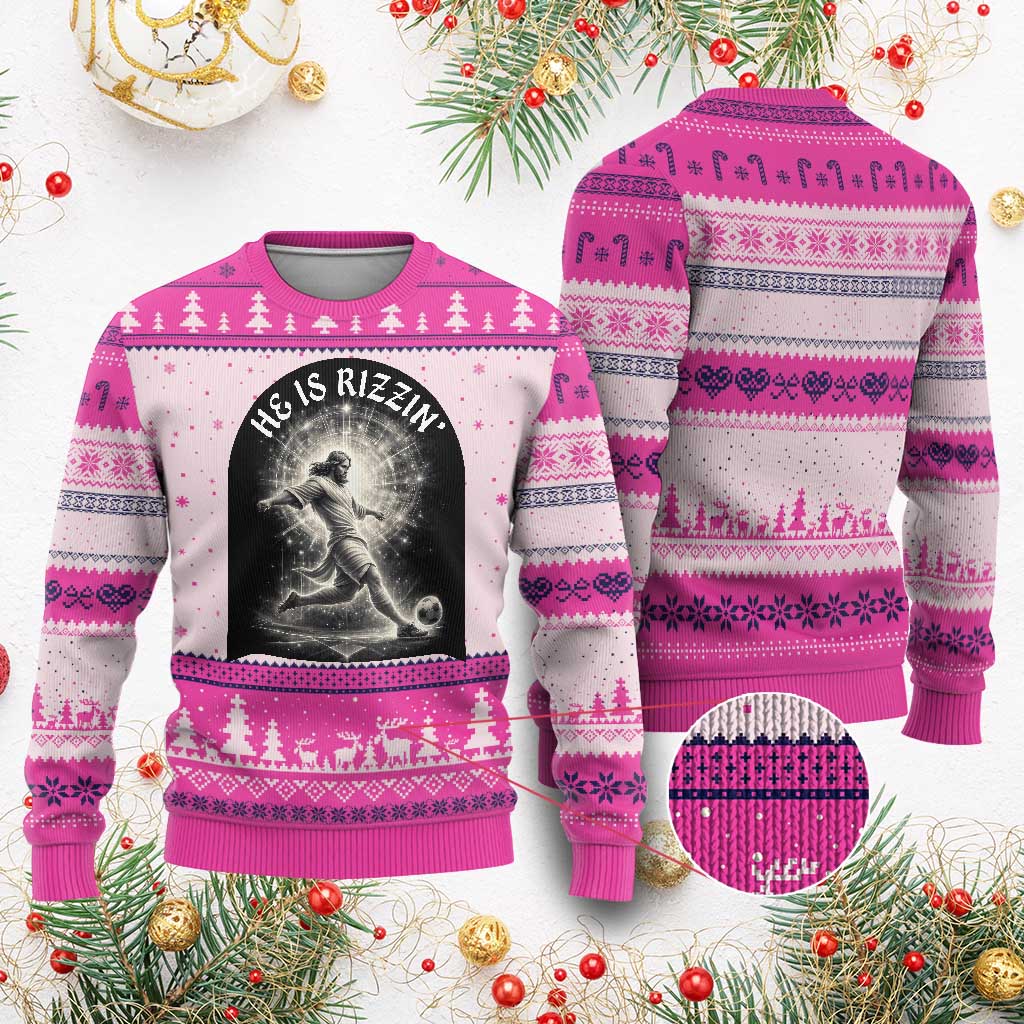 He Is Rizzin Ugly Christmas Sweater Funny Christian Faith Soccer Player Gift TS12 Hot Pink Print Your Wear