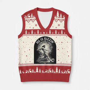 He Is Rizzin V-Neck Knit Sweater Vest Funny Christian Faith Soccer Player Gift TS12 Beige Red Print Your Wear