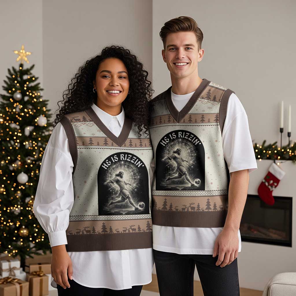 He Is Rizzin V-Neck Knit Sweater Vest Funny Christian Faith Soccer Player Gift TS12 Mocha Mousse Print Your Wear