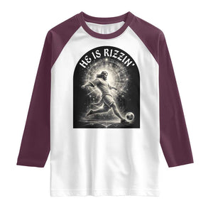 He Is Rizzin Raglan Shirt Funny Christian Faith Soccer Player Gift TS12 White Maroon Print Your Wear