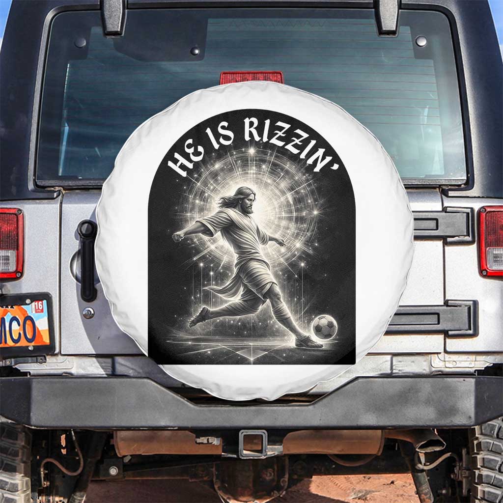 He Is Rizzin Spare Tire Cover Funny Christian Faith Soccer Player Gift TS12 No hole White Print Your Wear