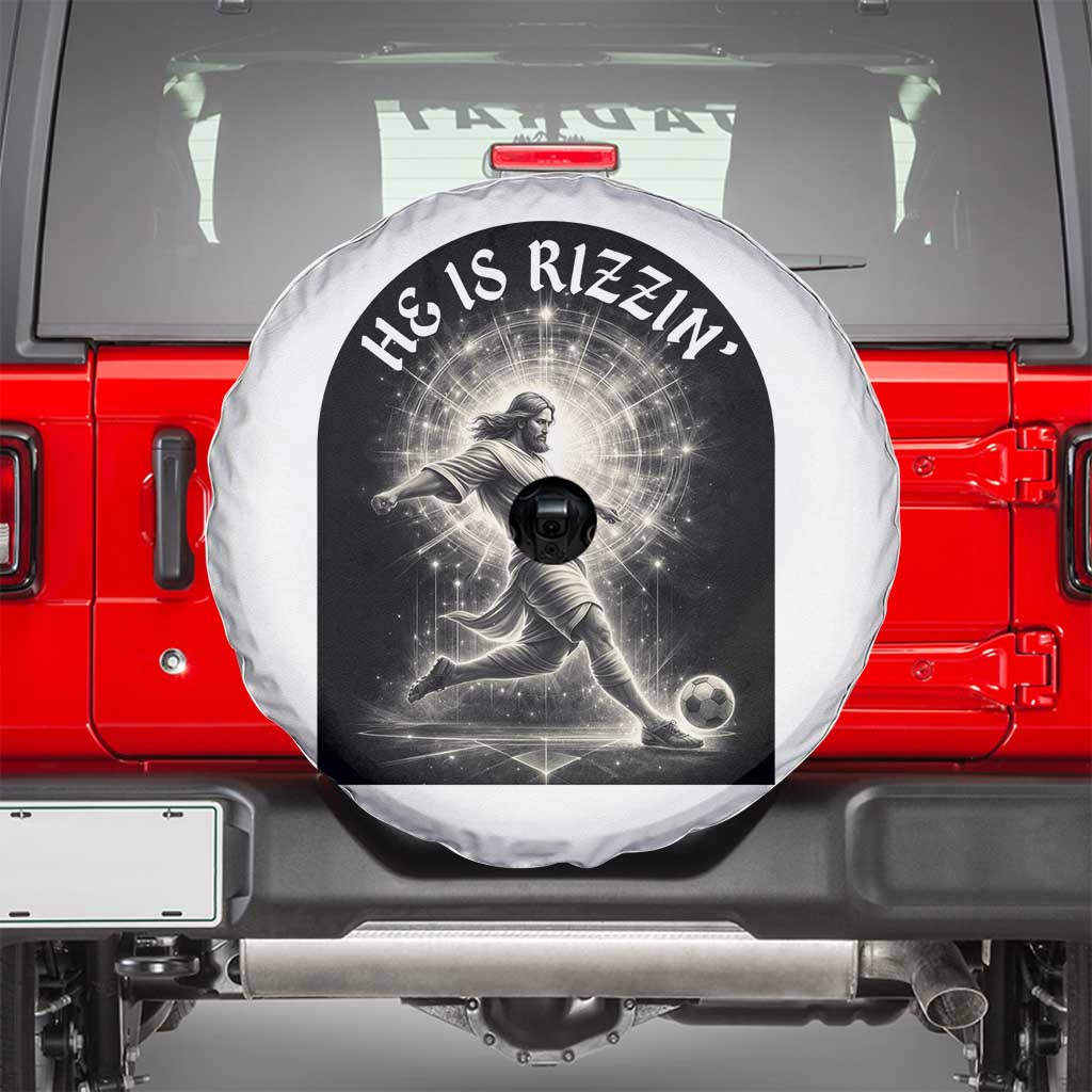He Is Rizzin Spare Tire Cover Funny Christian Faith Soccer Player Gift TS12 White Print Your Wear