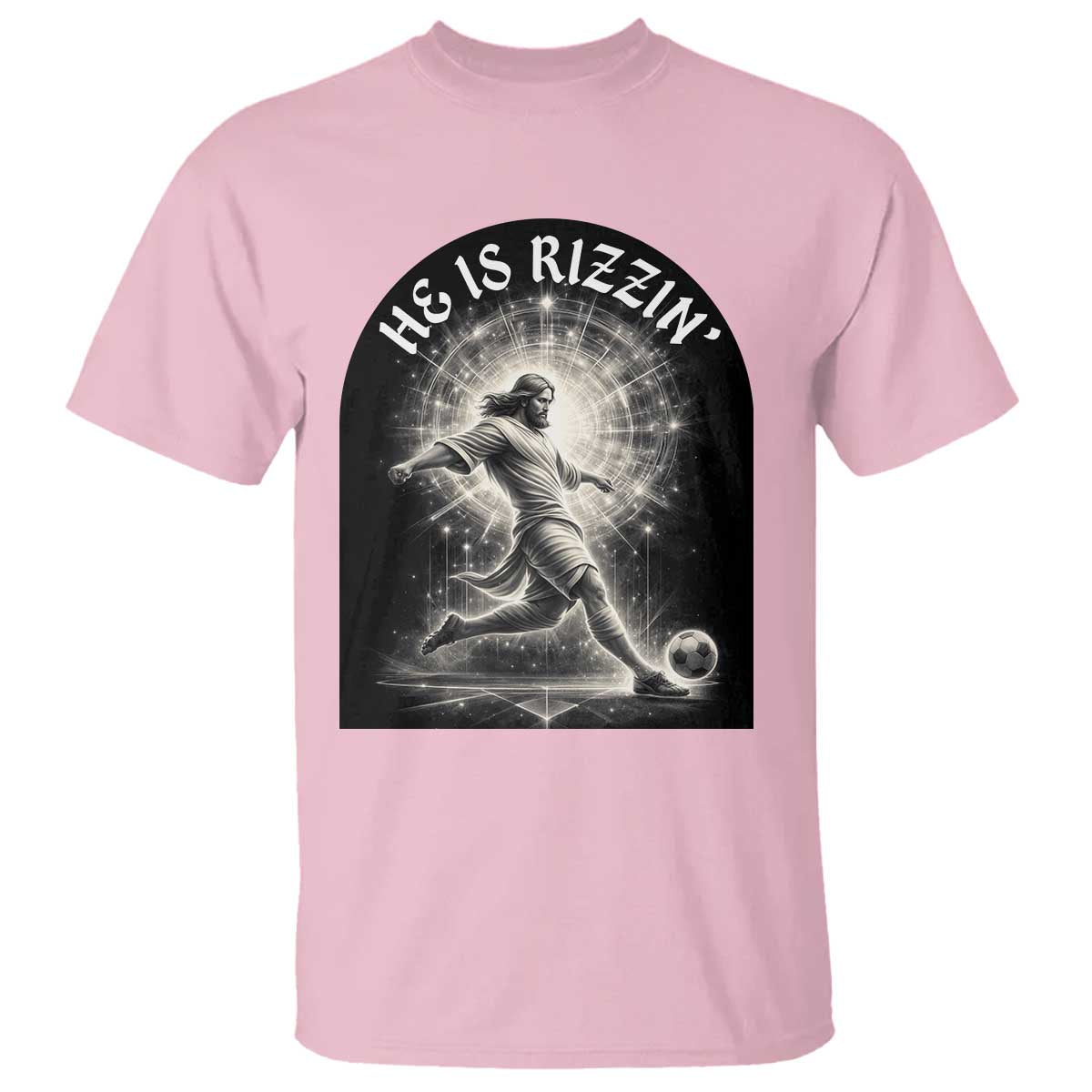 He Is Rizzin T Shirt Funny Christian Faith Soccer Player Gift TS12 Light Pink Print Your Wear